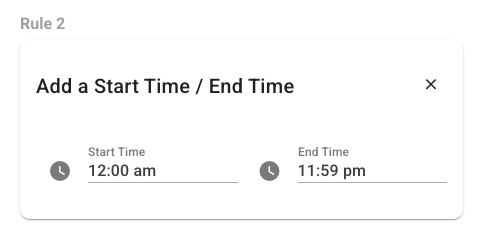 Input fields for adding start and end times in a scheduling interface.